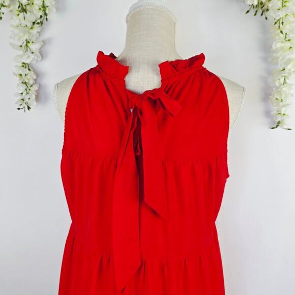 Pinch Tiered Halter Neck Dress Large Red Sleeveless Cottagecore Spring Summer - Picture 5 of 12